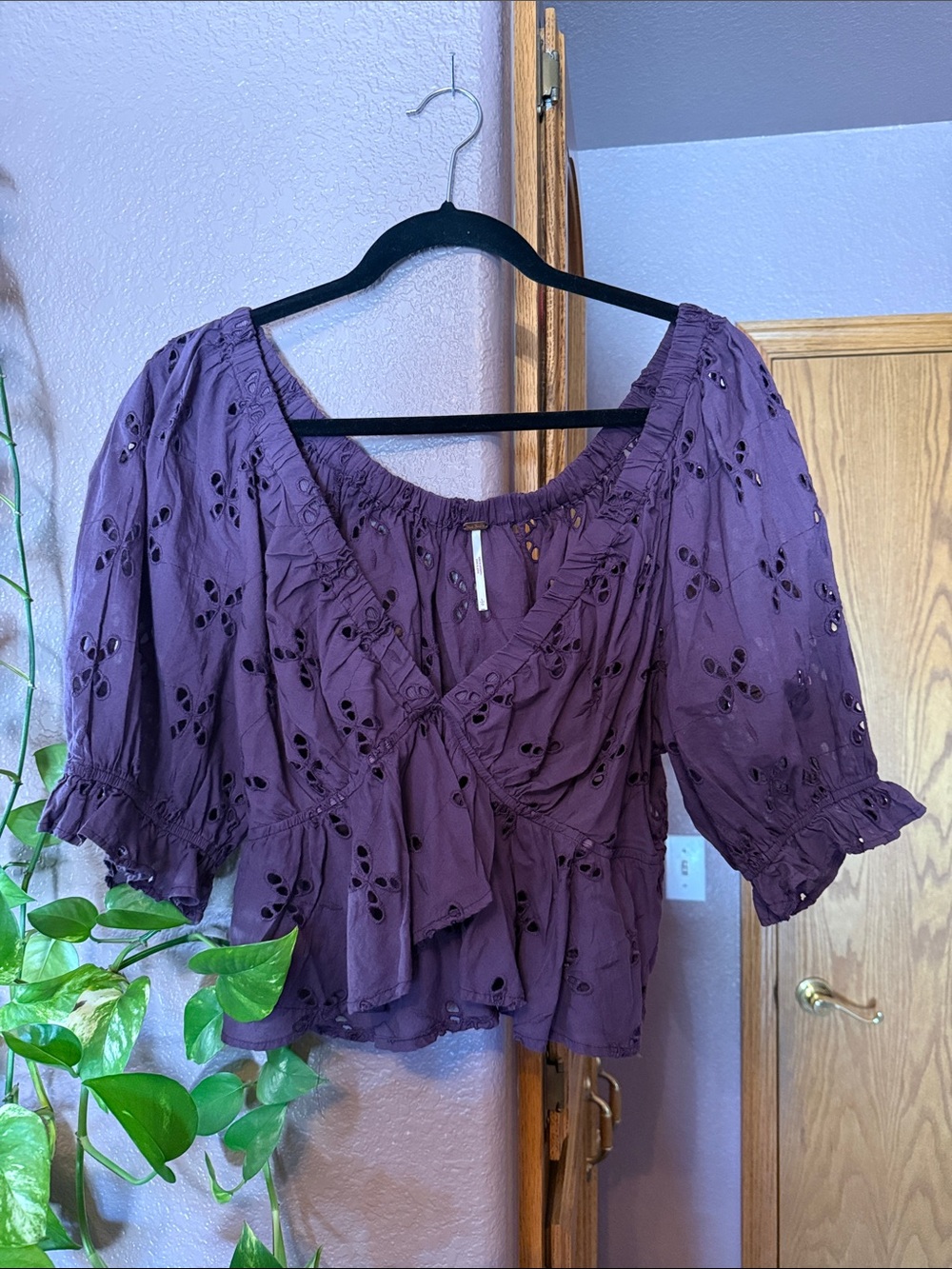 Free People Plum Eyelet Ruffle Peasant Crop Top